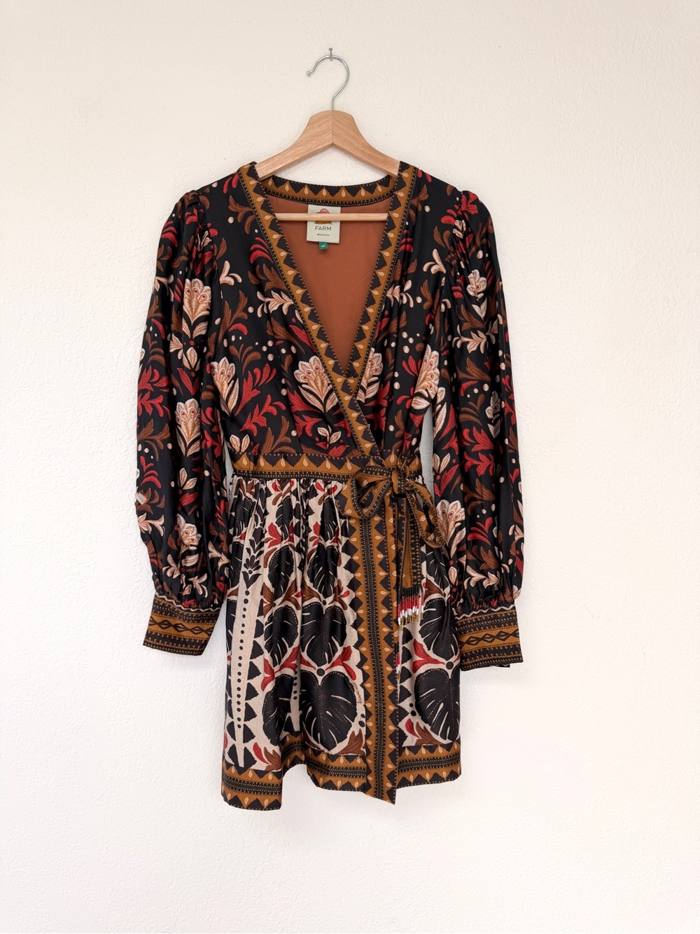 FARM RIO tapestry garden dress dark floral long sleeve wrap mini / size XS